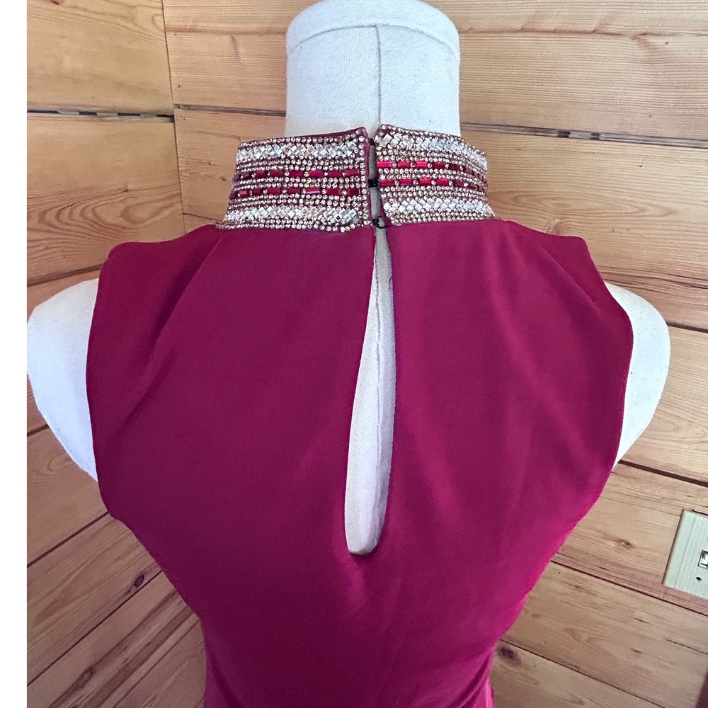 Bebe‎ Rhinestone Neck Dress Womens Small Rhubarb Red Asymmetrical Hem Mini Y2K - Picture 7 of 10